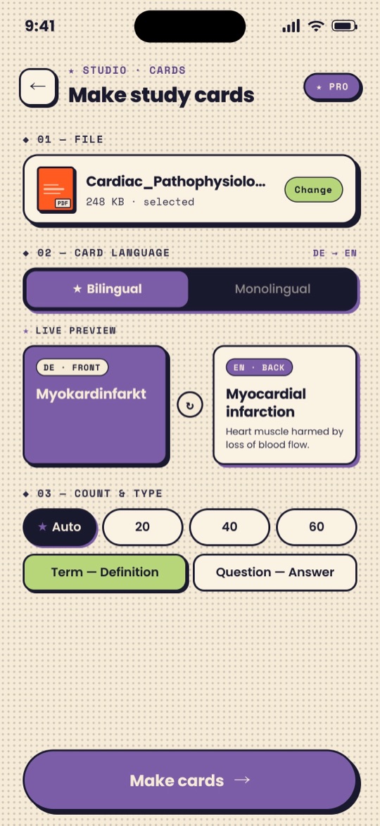 Generating bilingual study flashcards from a document